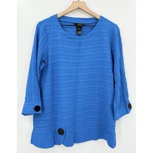 Ali Miles Shirt Small Blue Crinkle Oversized Funky Art Button 3/4 Sleeves